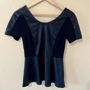 Only Womens Weekend Short Sleeve Black Faux Leather Zip Peplum Top 38 US Small